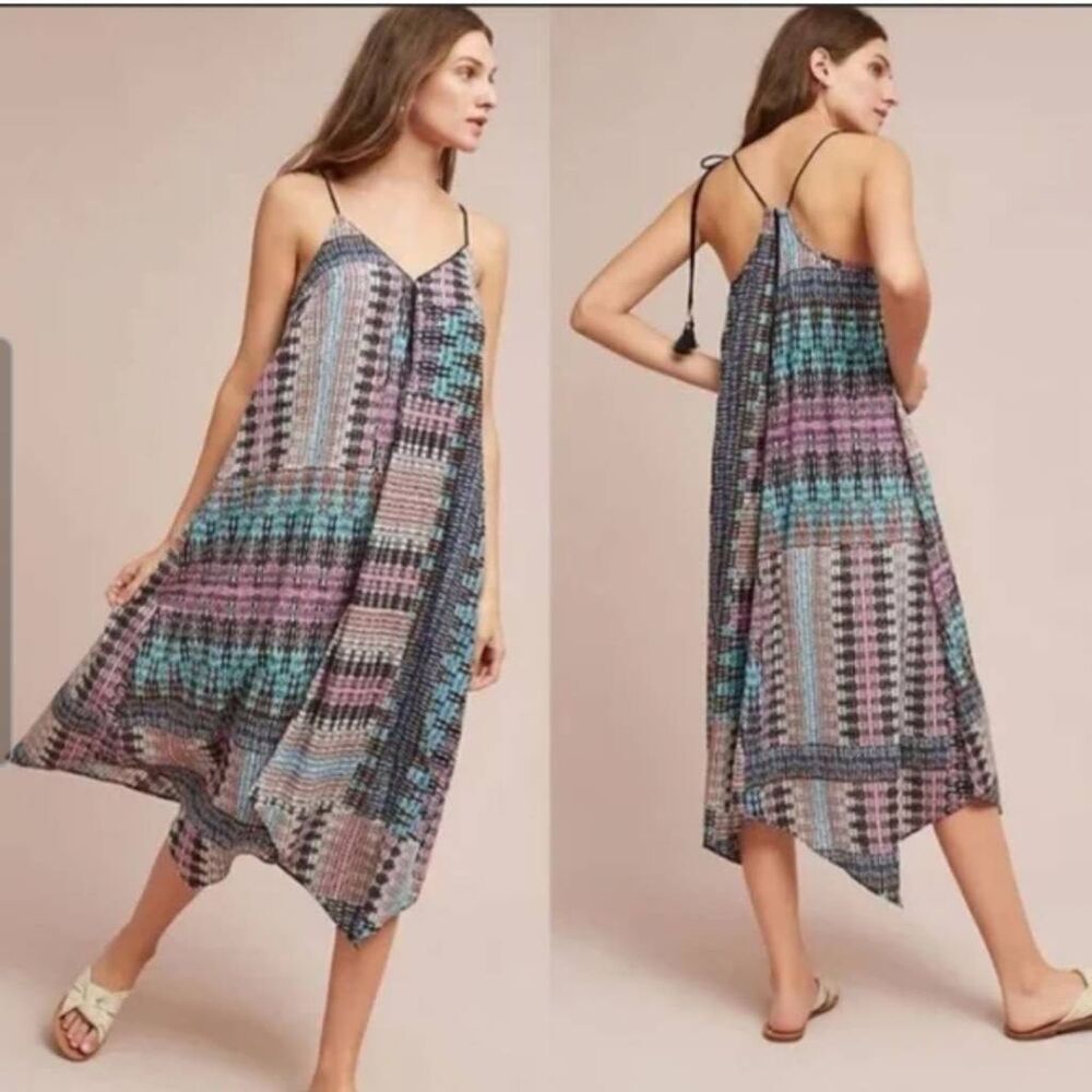 Anthropologie Patchwork Midi Dress in Blue, Pink, Teal & Black
